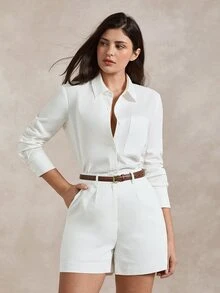 Briarwyn Women's Casual Commute Solid Color Shirt & Shorts 2 Pieces Set - White - View 4