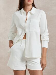 Briarwyn Women's Casual Commute Solid Color Shirt & Shorts 2 Pieces Set - White - View 5