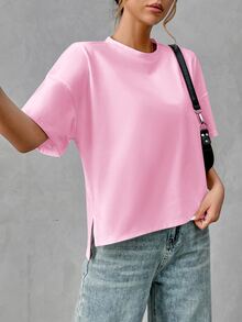 SHEIN Essnce Women's Soft Cotton Minimalist Basic Short Front Long Back T-Shirt, Chic, Suitable For Outings, Matching, Travel, Vacation, Pink - Pink - View 5