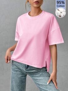 SHEIN Essnce Women's Soft Cotton Minimalist Basic Short Front Long Back T-Shirt, Chic, Suitable For Outings, Matching, Travel, Vacation, Pink - Pink - View 2