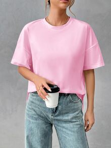 SHEIN Essnce Women's Soft Cotton Minimalist Basic Short Front Long Back T-Shirt, Chic, Suitable For Outings, Matching, Travel, Vacation, Pink - Pink - View 6