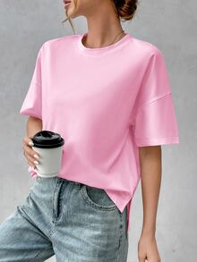 SHEIN Essnce Women's Soft Cotton Minimalist Basic Short Front Long Back T-Shirt, Chic, Suitable For Outings, Matching, Travel, Vacation, Pink - Pink - View 4