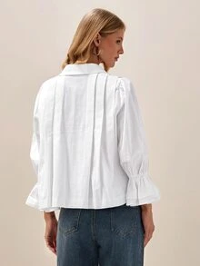 Briarwyn 女款春夏秋休閒優雅度假日常野餐派對通勤辦公早午餐百褶荷葉袖寬鬆襯衫 白色 - 白色 - 查看 2