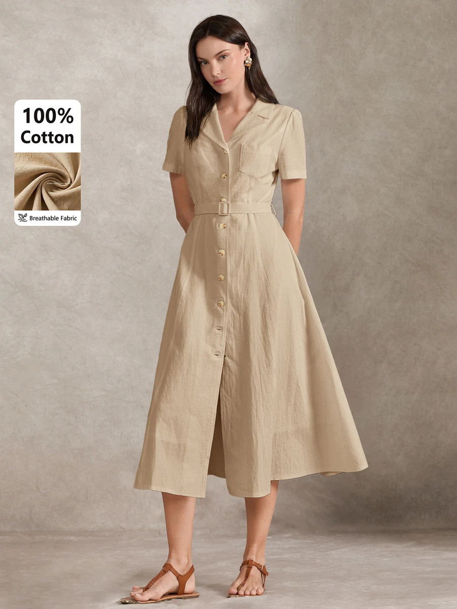 Briarwyn Women's Fashion Solid Color Single-Breasted Waist Belt Long Dress - Khaki - View 1