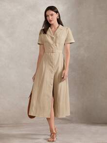 Briarwyn Women's Fashion Solid Color Single-Breasted Waist Belt Long Dress - Khaki - View 3