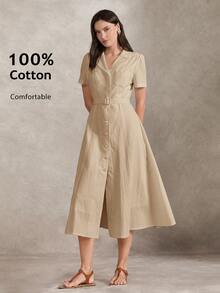 Briarwyn Women's Fashion Solid Color Single-Breasted Waist Belt Long Dress - Khaki - View 9