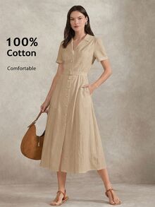 Briarwyn Women's Fashion Solid Color Single-Breasted Waist Belt Long Dress - Khaki - View 7