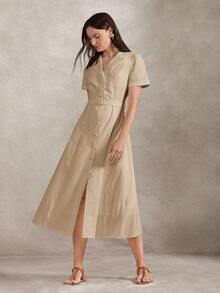 Briarwyn Women's Fashion Solid Color Single-Breasted Waist Belt Long Dress - Khaki - View 6