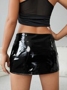 SHEIN ICON Drop Waist Mini PU Garter Skirt - Black - View 2
