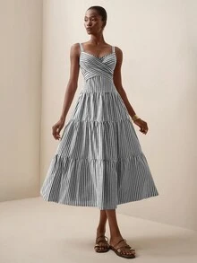 Briarwyn 女款休閒海濱優雅黑白條紋細肩帶洋裝，適合早午餐、度假、夏季穿著 - 黑與白 - 查看 7