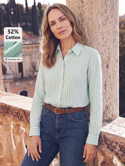 Dayvera Women's Casual Green Striped Long Sleeve Shirts,Social Blouse,Work Tops For Women,Going Out Tops
