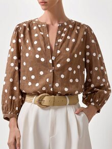 Briarwyn 女款圓點燈籠袖圓領前開鈕扣休閒襯衫 - 咖啡棕 - 查看 8