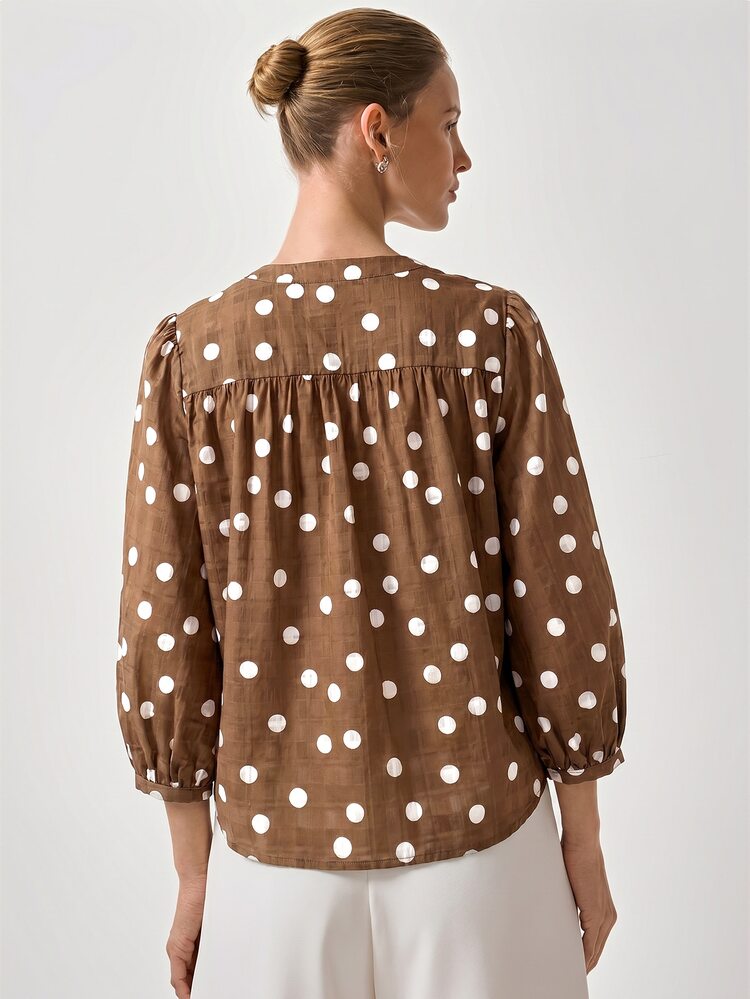Briarwyn Women's Polka Dot Lantern Sleeve Round Neck Button Front Casual Shirt - Coffee Brown - View 2