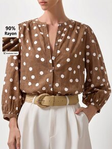 Briarwyn 女款圓點燈籠袖圓領前開鈕扣休閒襯衫 - 咖啡棕 - 查看 2