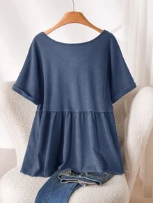 CosyJoli Plus Size Women Washed Casual Boho Embroidered T-Shirt Vacation Formal Light Blue Summer - Blue - View 2