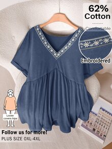 CosyJoli Plus Size Women Washed Casual Boho Embroidered T-Shirt Vacation Formal Light Blue Summer - Blue - View 3