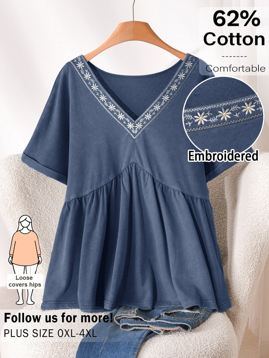CosyJoli Plus Size Women Washed Casual Boho Embroidered T-Shirt Vacation Formal Light Blue Summer - Blue - View 1