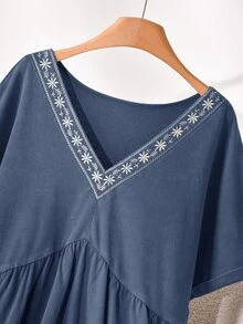 CosyJoli Plus Size Women Washed Casual Boho Embroidered T-Shirt Vacation Formal Light Blue Summer - Blue - View 4