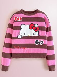 Maija Kids HELLO KITTY AND FRIENDS | SHEIN Maija Kids 1件兒童青少年女孩休閒優雅可愛精緻舒適寬鬆針織條紋卡通圖案提花圓領套頭長袖毛衣，適合返校、外出、休閒活動，秋冬穿著 - 彩色 - 查看 2