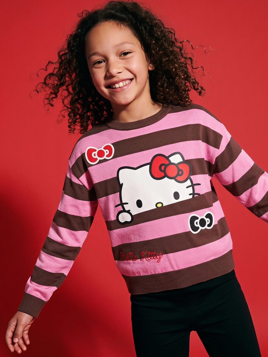 Maija Kids HELLO KITTY AND FRIENDS | SHEIN Maija Kids 1件兒童青少年女孩休閒優雅可愛精緻舒適寬鬆針織條紋卡通圖案提花圓領套頭長袖毛衣,適合返校、外出、休閒活動,秋冬穿著 - 彩色 - 查看 1