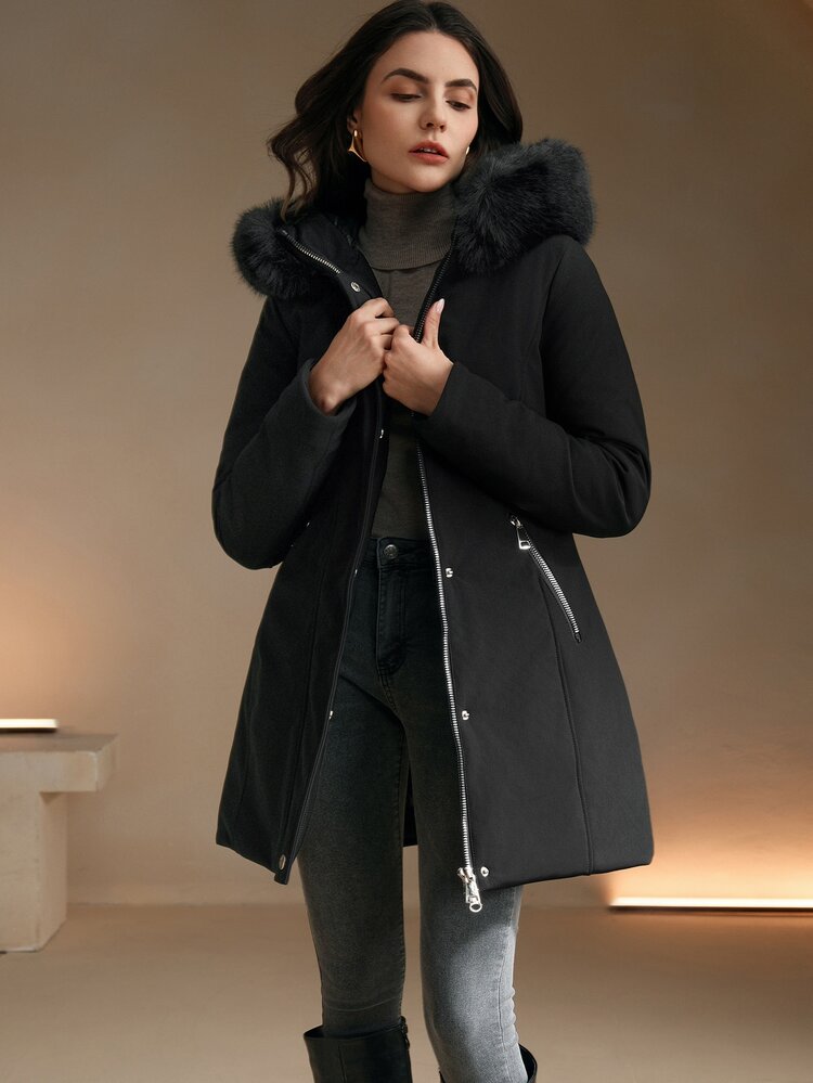 Anewsta Women's Mid-Length Cinched Waist Hooded Jacket - Black - View 6