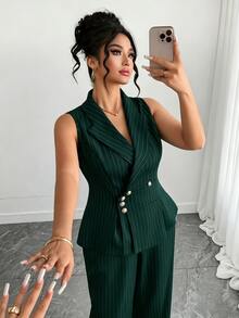 Elenzga Plus Size Women Commuting Minimalist Striped Vest And Pants 2 Pieces Set - Dark Green - View 7