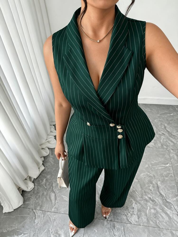 Elenzga Plus Size Women Commuting Minimalist Striped Vest And Pants 2 Pieces Set - Dark Green - View 6