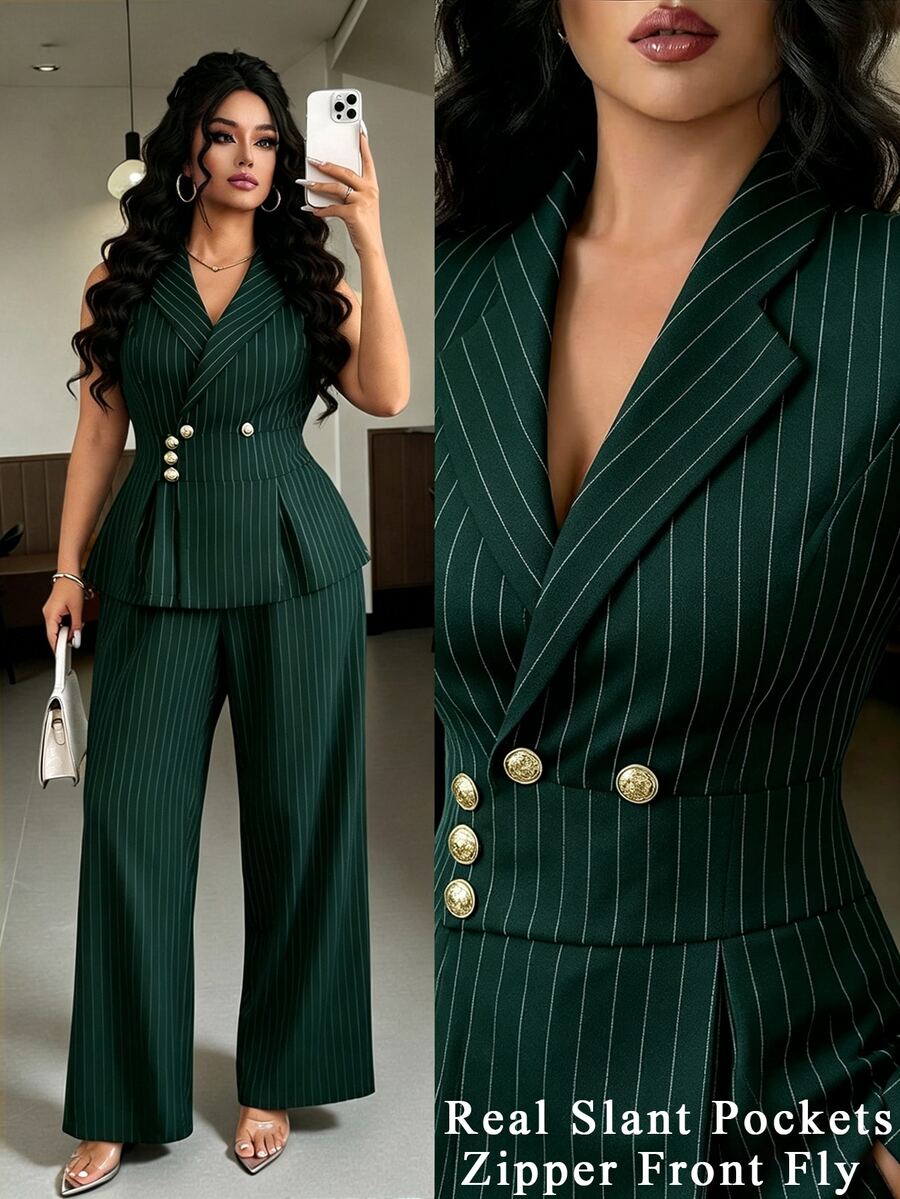 Elenzga Plus Size Women Commuting Minimalist Striped Vest And Pants 2 Pieces Set - Dark Green - View 1