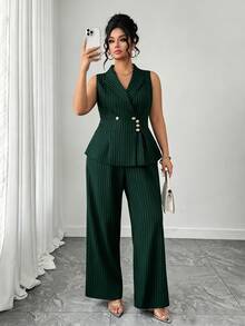 Elenzga Plus Size Women Commuting Minimalist Striped Vest And Pants 2 Pieces Set - Dark Green - View 8