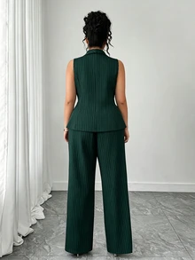 Elenzga Plus Size Women Commuting Minimalist Striped Vest And Pants 2 Pieces Set - Dark Green - View 2