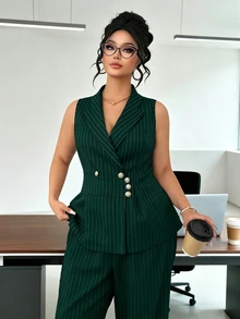 Elenzga Plus Size Women Commuting Minimalist Striped Vest And Pants 2 Pieces Set - Dark Green - View 4