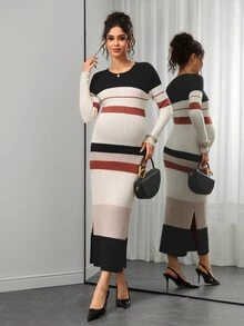 Momance Maternity White Colorblock Long Sleeve Split Hem Sweater Dress Baby Shower Autumn Soft Form Normal Formal Babyshower Casual Soft Form - Multicolor - View 7