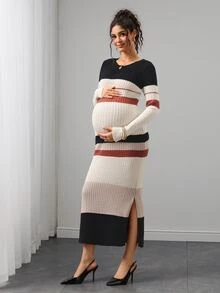 Momance Maternity White Colorblock Long Sleeve Split Hem Sweater Dress Baby Shower Autumn Soft Form Normal Formal Babyshower Casual Soft Form - Multicolor - View 9