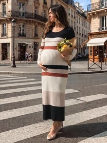 Momance Maternity White Colorblock Long Sleeve Split Hem Sweater Dress Baby Shower Autumn Soft Form Normal Formal Babyshower Casual Soft Form - Multicolor - View 8