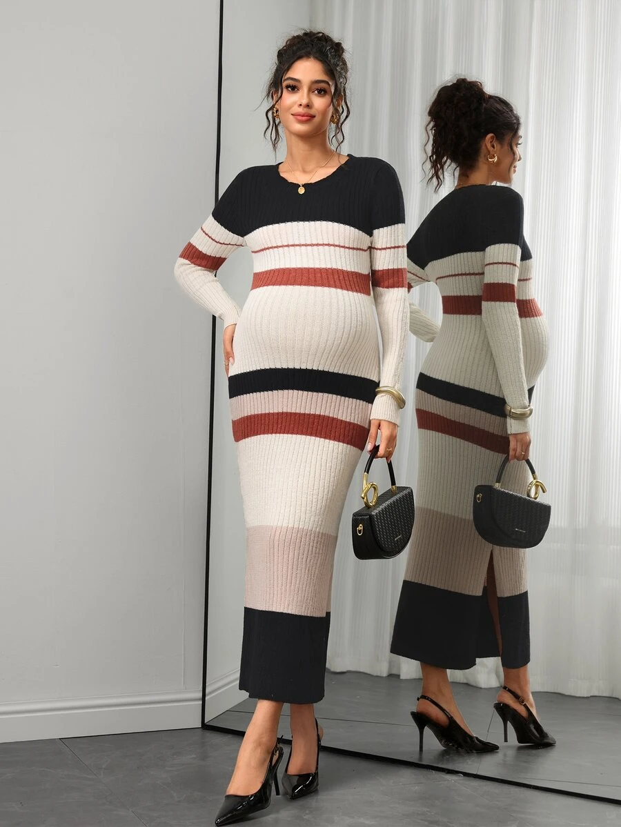 Momance Maternity White Colorblock Long Sleeve Split Hem Sweater Dress Baby Shower Autumn Soft Form Normal Formal Babyshower Casual Soft Form - Multicolor - View 1