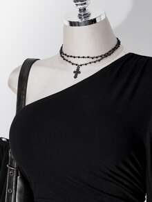 SHEIN ICON Y2K Style Plus Size Women's Black Sexy Party Solid Color Asymmetric Neck Short Sleeve Side Drawstring Fashion Top - Black - View 8