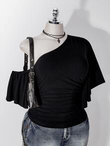 SHEIN ICON Y2K Style Plus Size Women's Black Sexy Party Solid Color Asymmetric Neck Short Sleeve Side Drawstring Fashion Top - Black - View 10