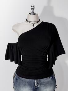 SHEIN ICON Y2K Style Plus Size Women's Black Sexy Party Solid Color Asymmetric Neck Short Sleeve Side Drawstring Fashion Top - Black - View 3