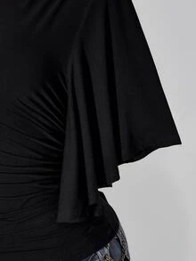 SHEIN ICON Y2K Style Plus Size Women's Black Sexy Party Solid Color Asymmetric Neck Short Sleeve Side Drawstring Fashion Top - Black - View 7
