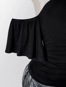 SHEIN ICON Y2K Style Plus Size Women's Black Sexy Party Solid Color Asymmetric Neck Short Sleeve Side Drawstring Fashion Top - Black - View 13