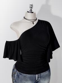 SHEIN ICON Y2K Style Plus Size Women's Black Sexy Party Solid Color Asymmetric Neck Short Sleeve Side Drawstring Fashion Top - Black - View 12