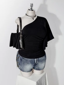 SHEIN ICON Y2K Style Plus Size Women's Black Sexy Party Solid Color Asymmetric Neck Short Sleeve Side Drawstring Fashion Top - Black - View 1