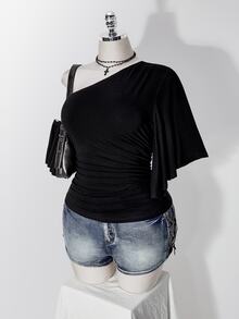 SHEIN ICON Y2K Style Plus Size Women's Black Sexy Party Solid Color Asymmetric Neck Short Sleeve Side Drawstring Fashion Top - Black - View 5