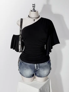 SHEIN ICON Y2K Style Plus Size Women's Black Sexy Party Solid Color Asymmetric Neck Short Sleeve Side Drawstring Fashion Top - Black - View 11