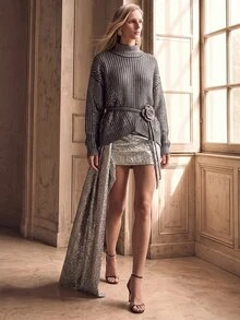 Anewsta Premium Gold Foil Embellished French Style High Neck Sweater Knit Pullover Fall Winter - Silver - View 8