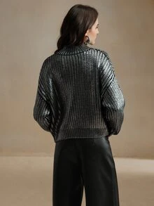 Anewsta Premium Gold Foil Embellished French Style High Neck Sweater Knit Pullover Fall Winter - Silver - View 2