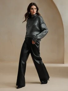 Anewsta Premium Gold Foil Embellished French Style High Neck Sweater Knit Pullover Fall Winter - Silver - View 7
