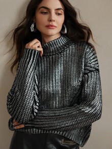 Anewsta Premium Gold Foil Embellished French Style High Neck Sweater Knit Pullover Fall Winter - Silver - View 3