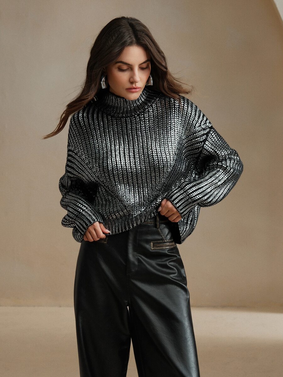 Anewsta Premium Gold Foil Embellished French Style High Neck Sweater Knit Pullover Fall Winter - Silver - View 1