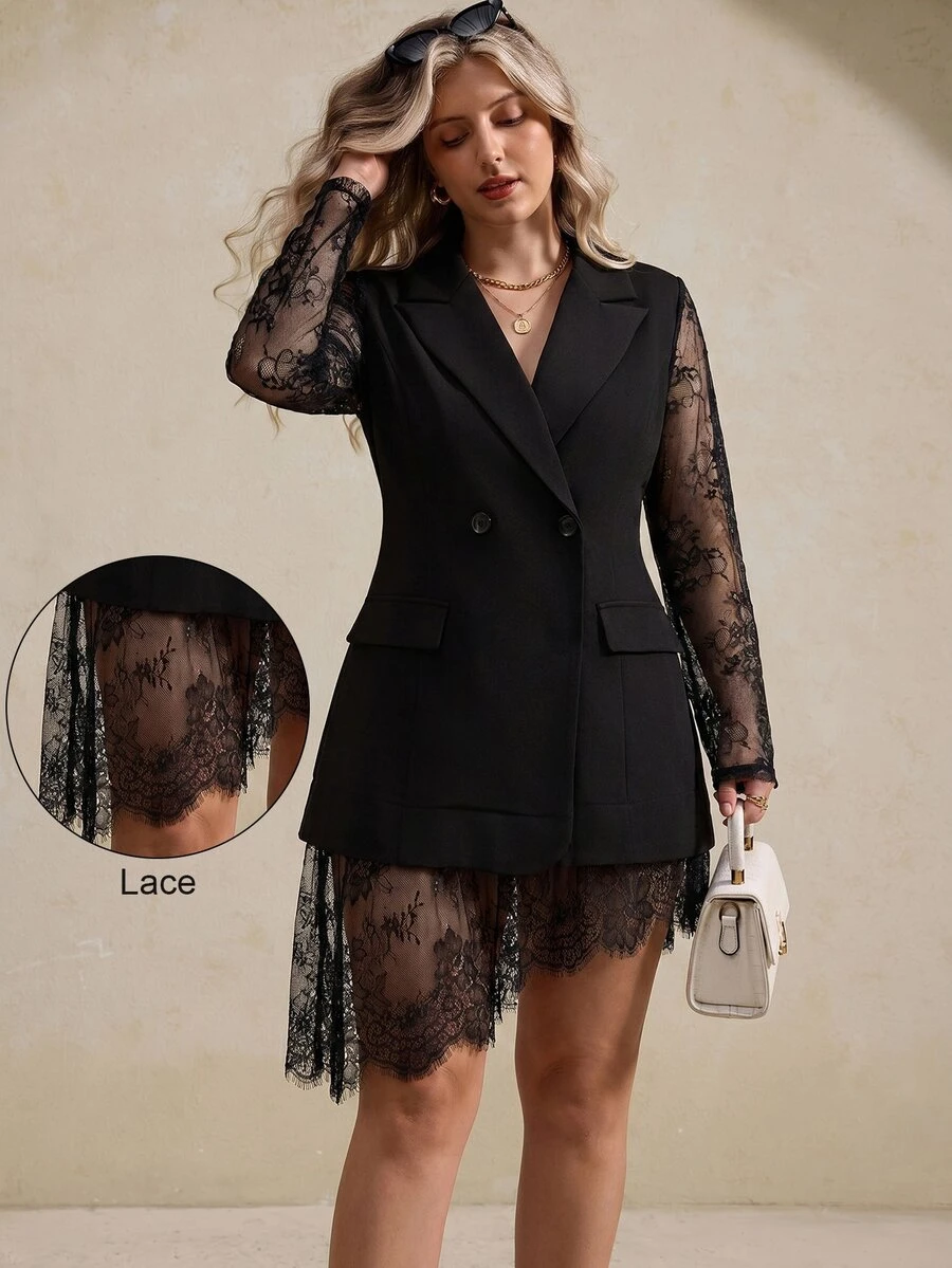 Elegantrix Women's Plus Size Spring/Autumn 1pc Lace Sheer Patchwork Sleeve Double-Breasted Blazer, Waist-Defining Slimming Mid-Length Blazer Dress, Mature Spicy Style For Date And Commute - Black - View 1